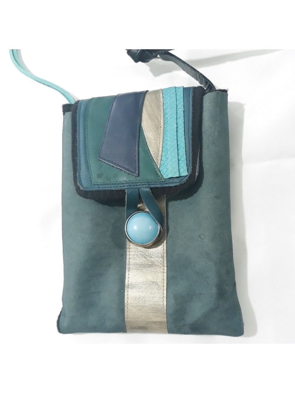 Vintage annemarie Feld Wearable Art Blue Leather Crossbody Bag with Gold  Accent